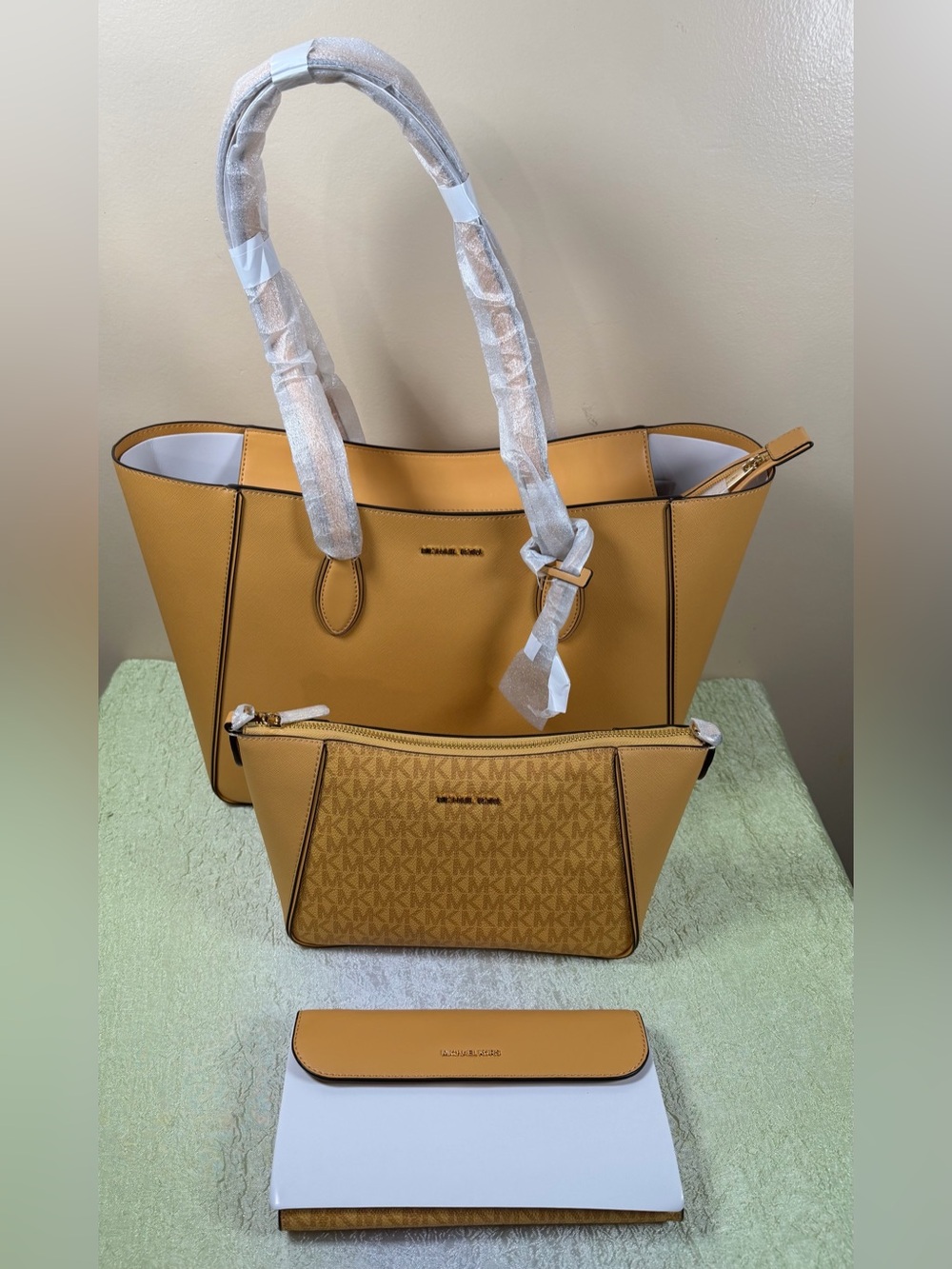 Michael Kors Mustard Tote Bag Set with Monogram Zip Pouch and Wallet